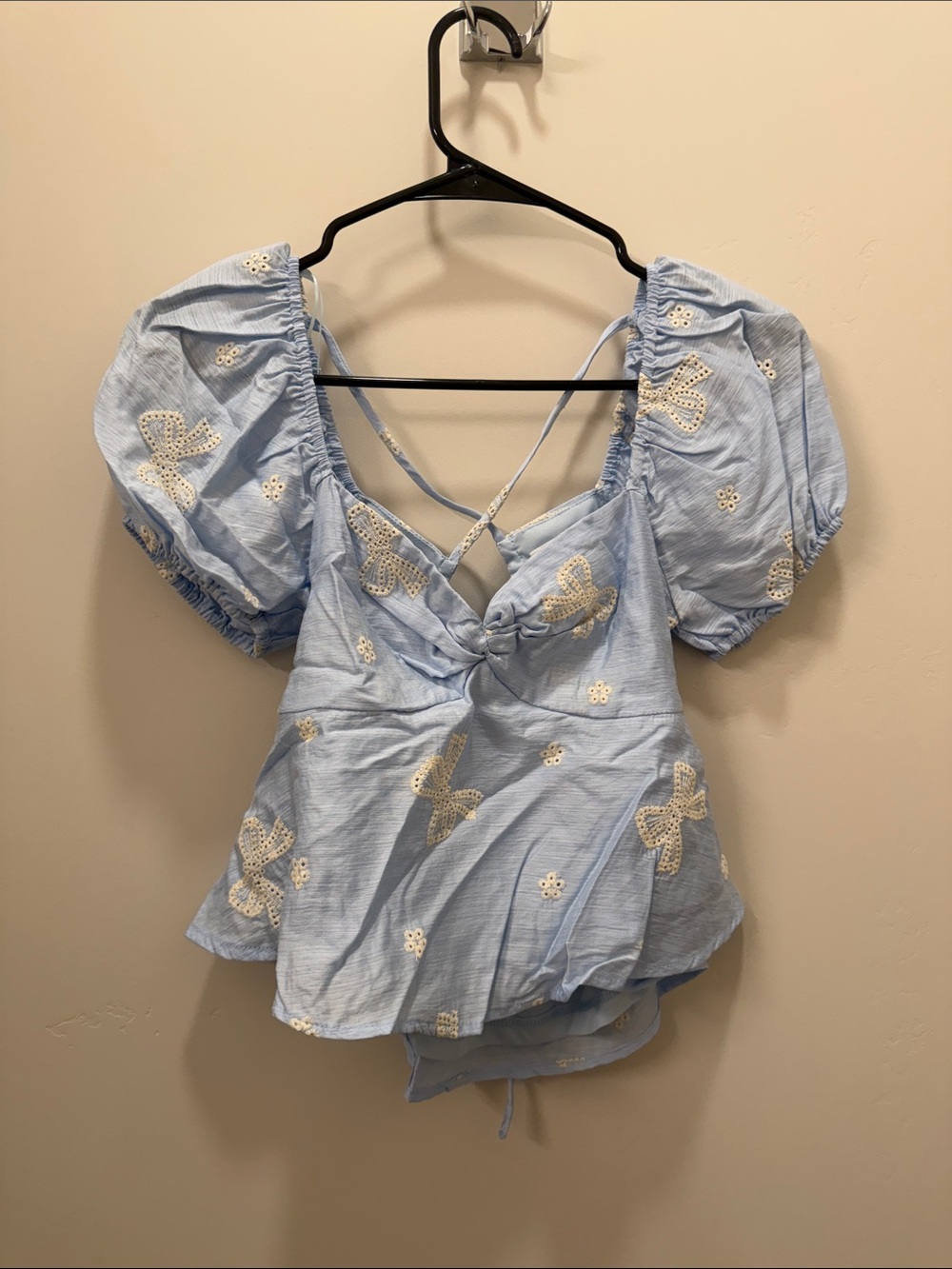 Light Blue Eyelet Puff Sleeve Peplum Blouse with Back Ties